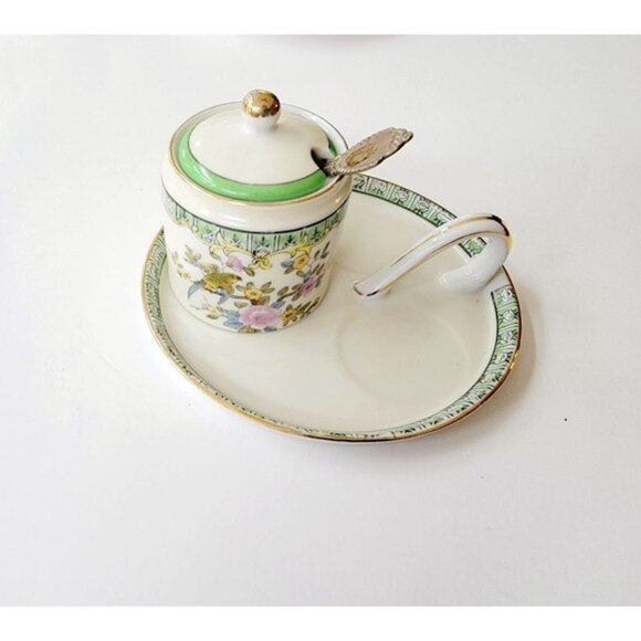 Antique Noritake Morimura Hand Painted Sugar Bowl Plate Cover Spoon Japan - Picture 1 of 5